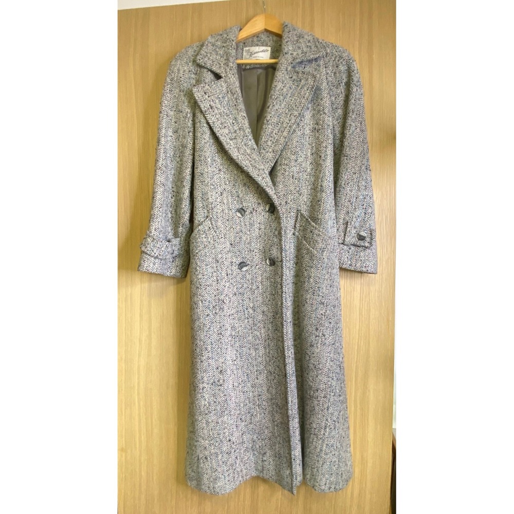 Vintage Fashionbilt Womens Herringbone Wool Trench Coat Gray Long Made in USA